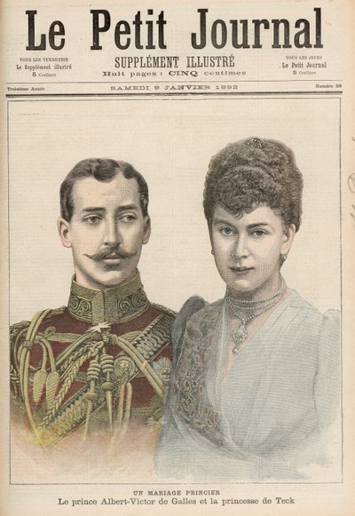 Die Verlobung von Albert Victor (1864-92), Herzog von Clarence, ältester Sohn von Edward, Prinz von Wales, mit Victoria Mary von Teck (1867-1953) aus 